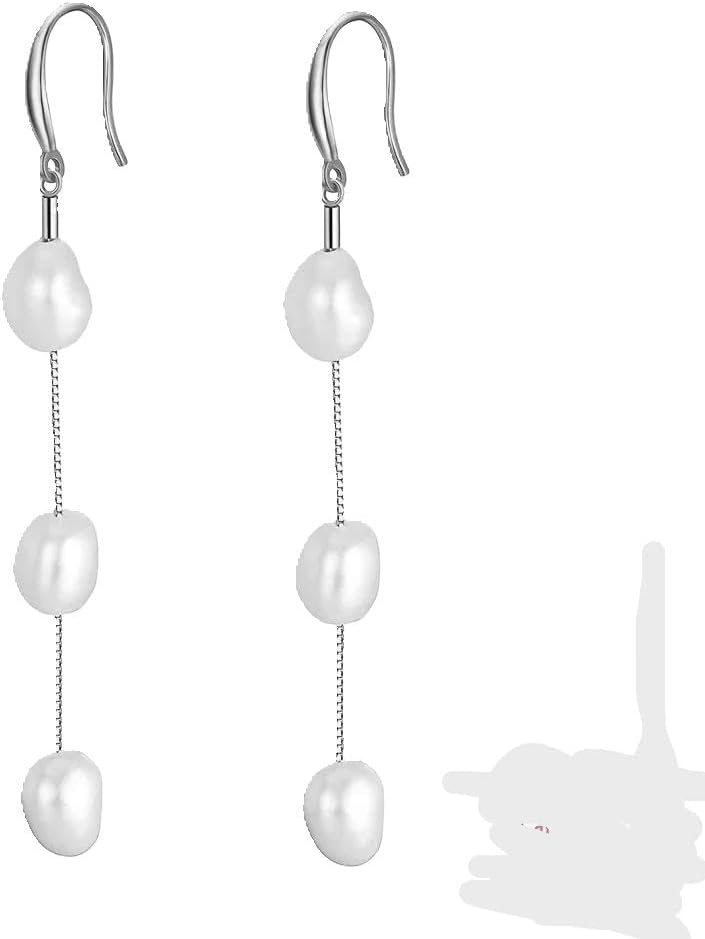 Sterling Silver Baroque Pearl Drop Earrings, Long Chain, 925 Silver