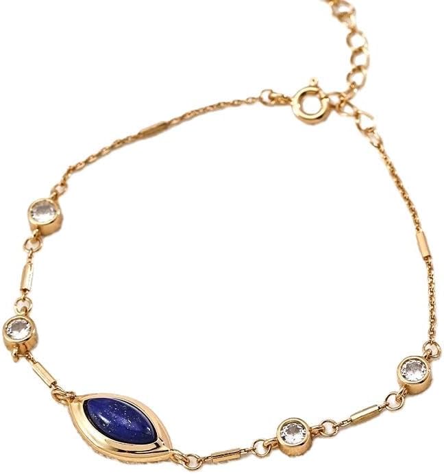 Lapis Lazuli 925 Sterling Silver Gold Plated Round Disc Station Bracelet, Dainty Trendy Lightweight Slim Chain for Women