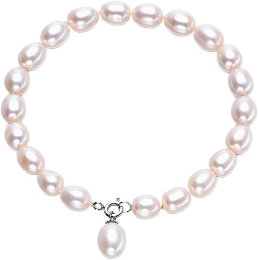 Natural White Freshwater Pearl 925 Silver 20cm Strand Bracelet