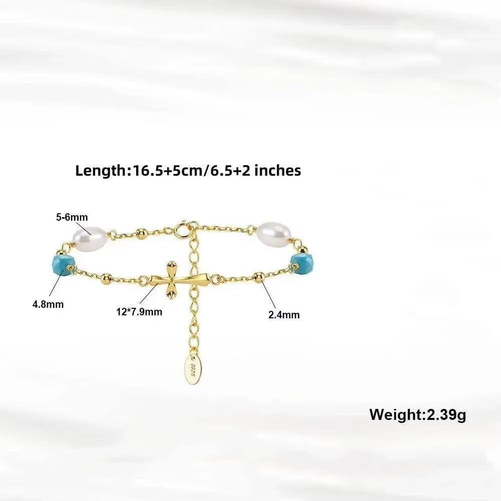 925 Silver Gold Plated Turquoise Pearl Chain Link Bracelet