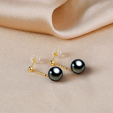 Real 18K Gold Black Tahitian Pearl,Perfect Round Pearl Earring