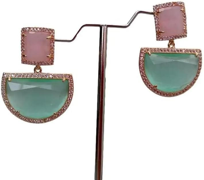 Elegant Geometric Dangle Earrings, Rose Gold Plated, Green and Pink Cat Eye, Semi-Circle Design, 8x26mm, Fashion Statement Jewelry