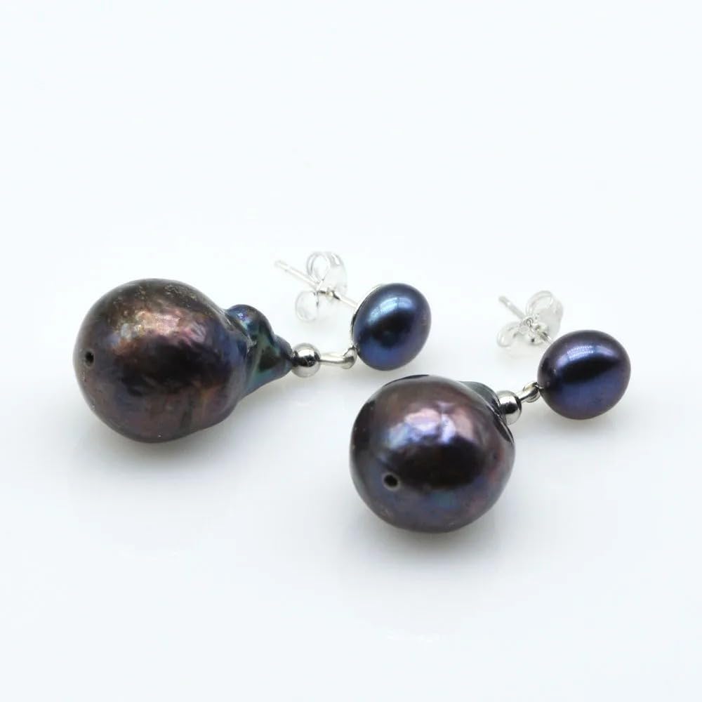 Natural Baroque Black Pearl Handmade Silver Drop Earrings
