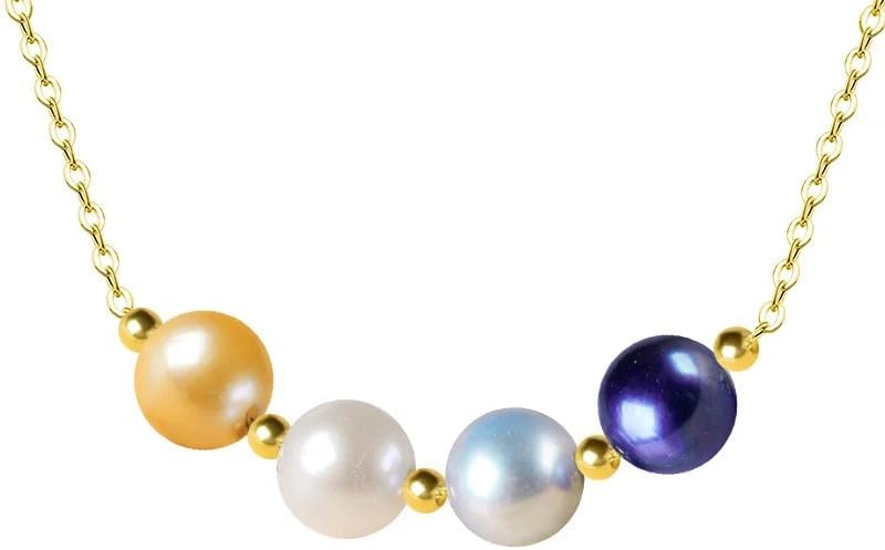 Natural Freshwater Pearl Pendant Necklace, 18K Yellow Gold Chain AU750, 7.5-8.5mm Multi-Color Pearls, Women's Wedding Jewelry