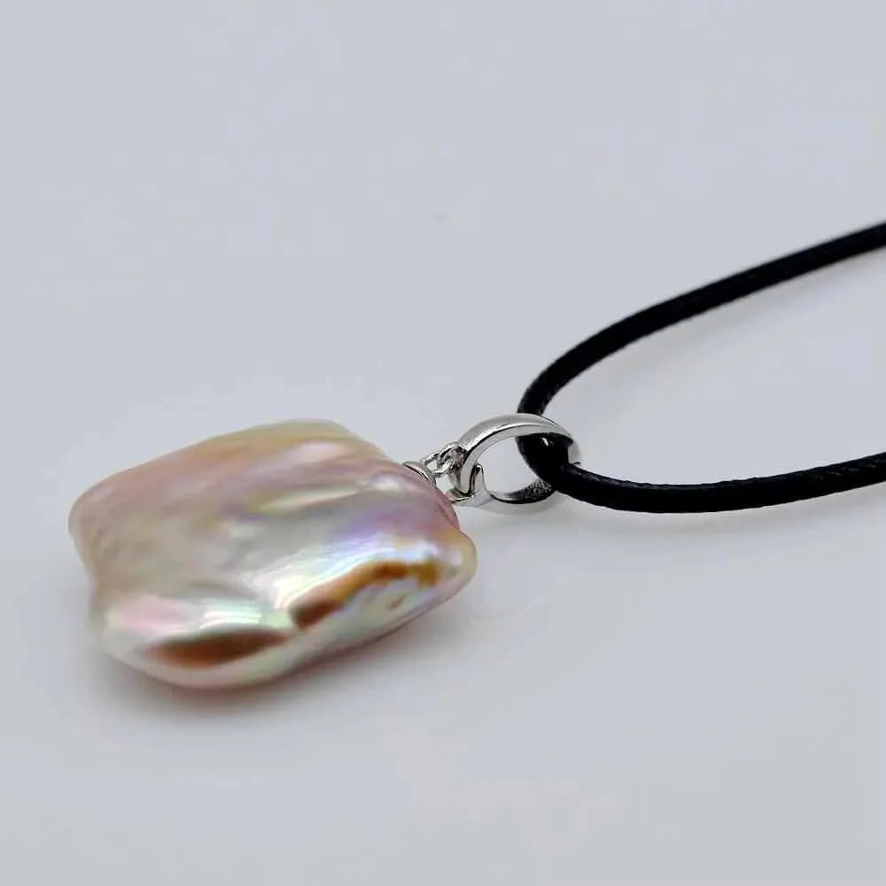 Natural Baroque Pearl Pendant Necklace, Freshwater Square Pearl, Sterling Silver 925, Purple Iridescent, Black Leather Cord