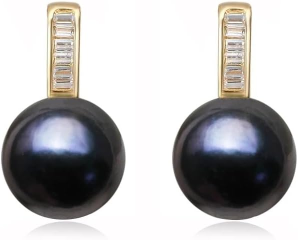 Tahitian Black Pearl Stud Earrings for Women, Real 14K Yellow Gold, Wedding Pearl Earrings