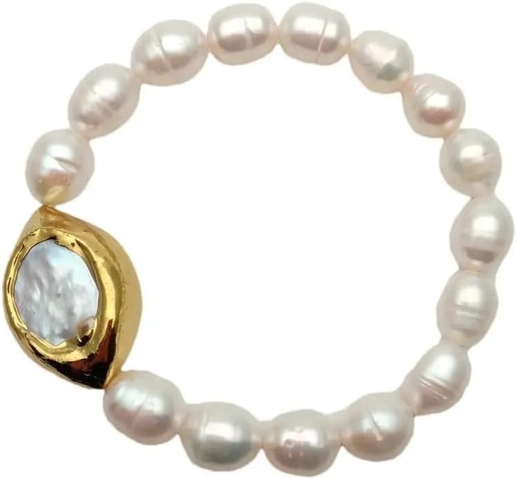 Natural White Rice Pearl Bracelet with Gold Plated Keshi Pearl Accent, Elastic