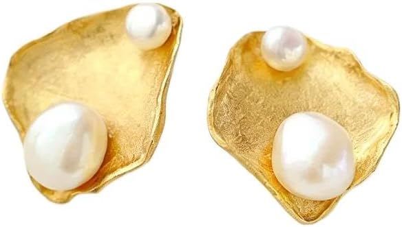 18K Gold Plated Earrings with Natural Freshwater Baroque Pearls, 925 Sterling Silver Stud Earrings