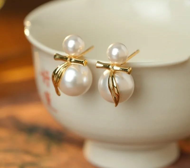 Shell Pearl Duo Sphere 925 Sterling Silver Bowknot Stud Earrings