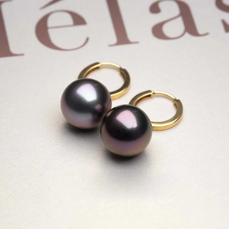 14K Gold Black Pearl Drop Hoop Earrings, Classic Dangle Style