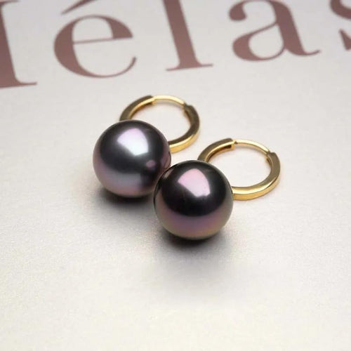 14K Gold Black Pearl Drop Hoop Earrings, Classic Dangle Style