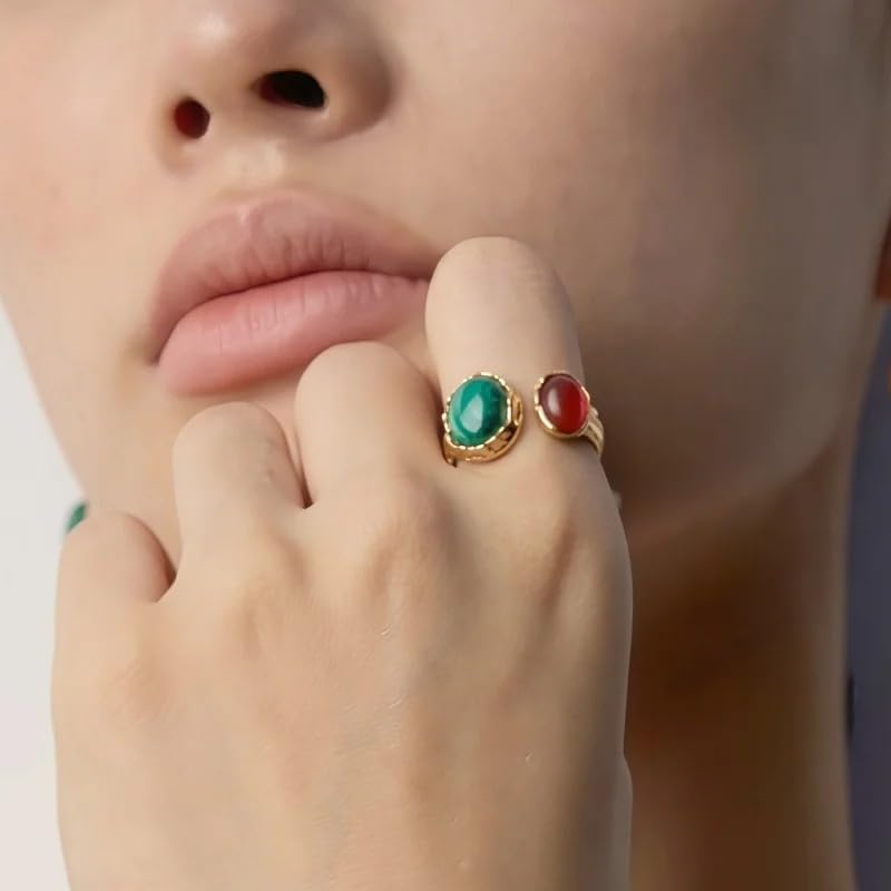 925 Sterling Silver Malachite Agate Tiger's Eye Stone Open Ring