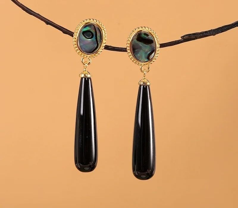 Vintage Gold Abalone Shell Drop Earrings, Oval Iridescent Stone with Black Onyx Teardrop Dangle, Statement Jewelry
