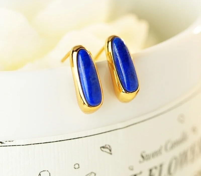 925 Silver Lapis Lazuli Bar Gold Plated Stud Earrings or Women