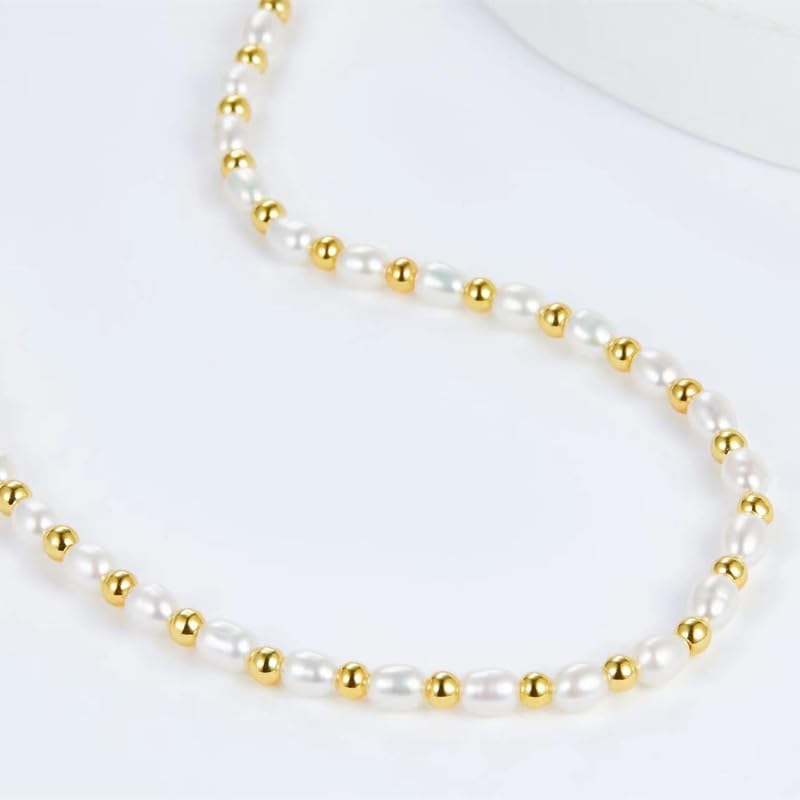 Natural Freshwater Pearl S925 Silver Gold Plated Beads Strand Chain Necklace For Women