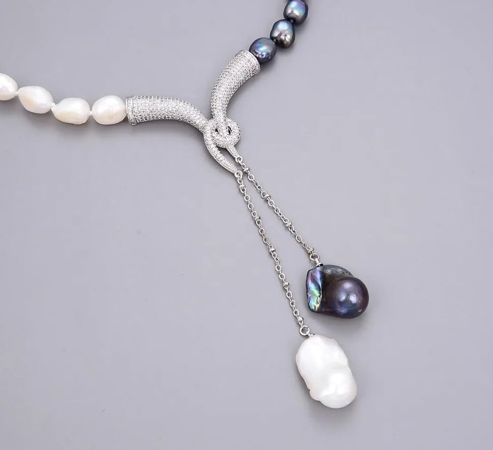Freshwater Pearl Adjustable Bracelet, Black and White Dual-Tone, Silver Chain Tassels