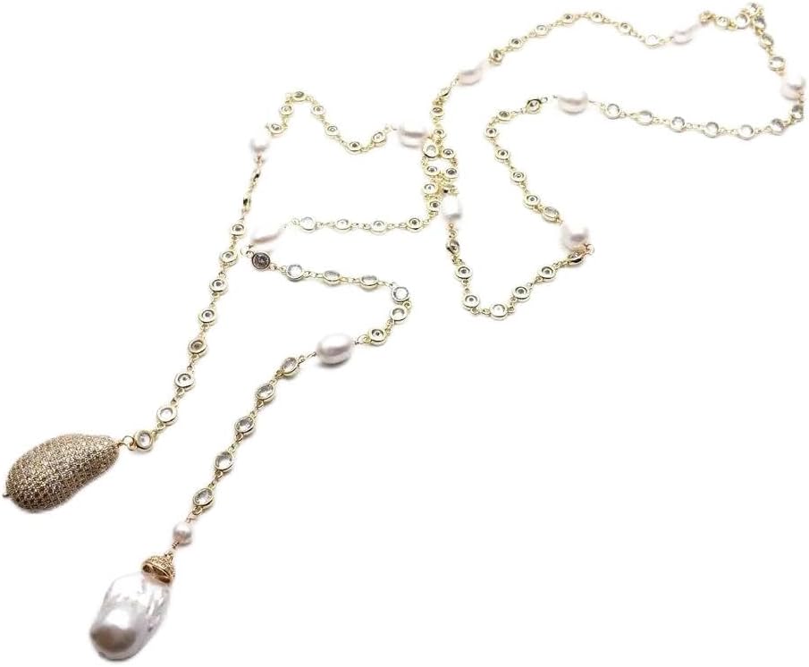 White Baroque Pearl CZ Pave Rosary Chain Long Necklace