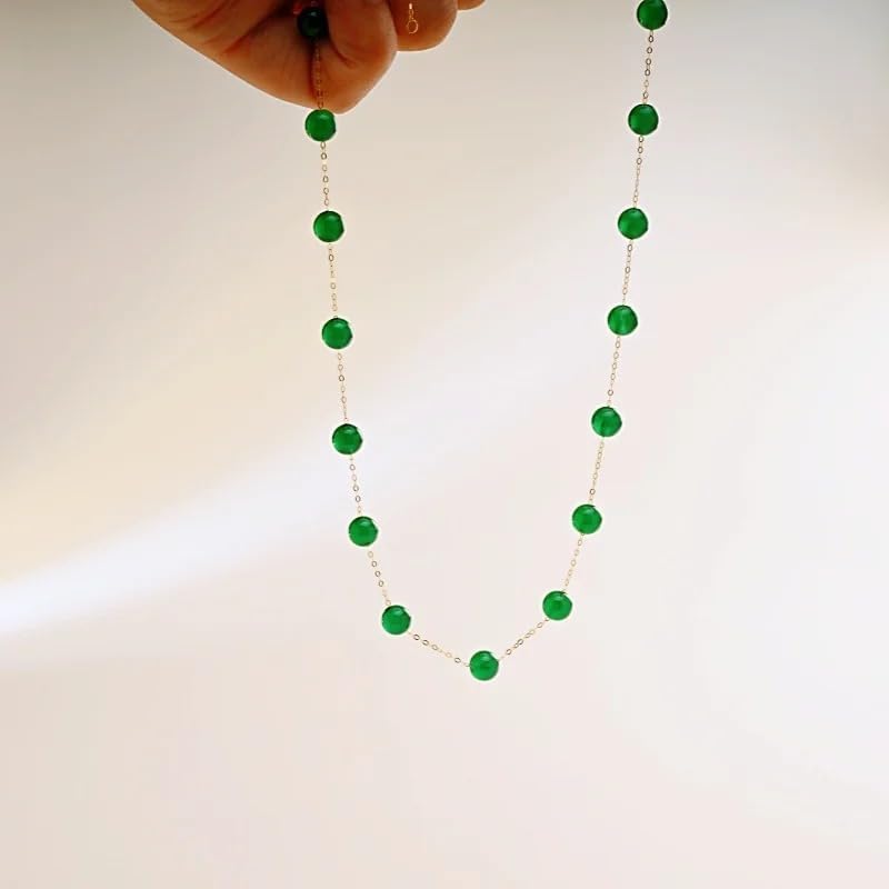 18K Gold Natural Green Agate Necklace, Elegant Chain with Emerald Color Beads, Fine Jewelry for Women