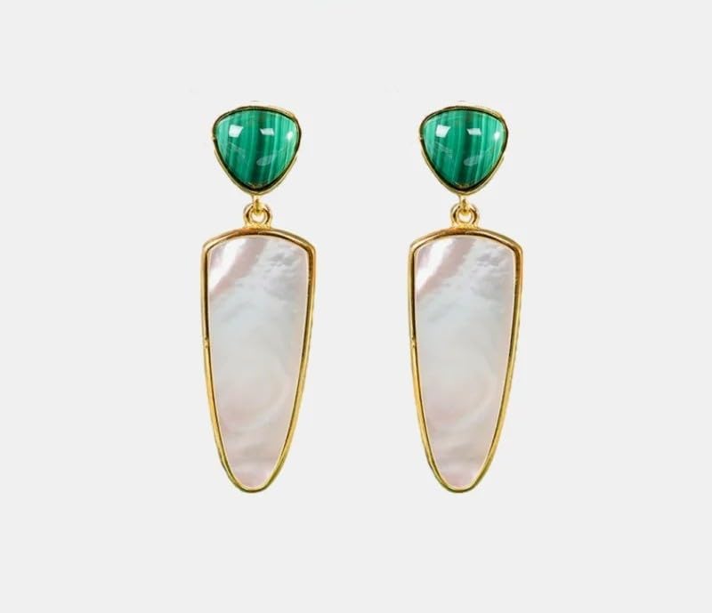 Natural Malachite White Mother of Pearl 925 Sterling Silver Dangle Earrings