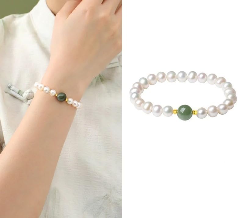 Freshwater Pearl and Hetian Jade Bracelet, Hand-Strung Beads, S925 Silver, Luxury Fashion Gift