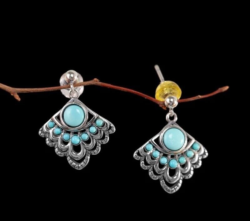 Vintage Style Turquoise Drop Earrings, 925 Sterling Silver, Peacock Tail Fan Design, Bohemian Dangle Statement Jewelry for Women