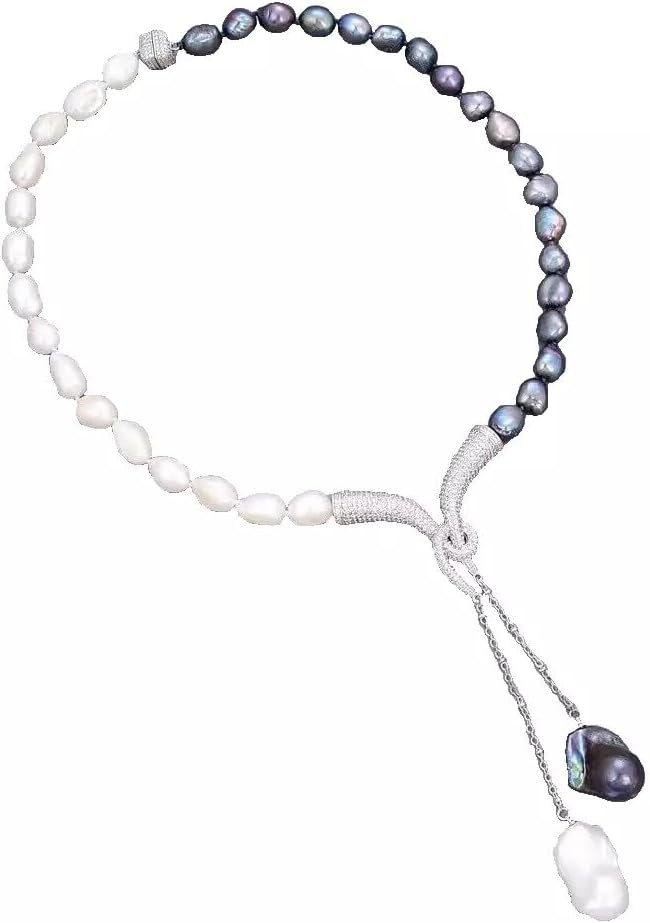 Freshwater Pearl Adjustable Bracelet, Black and White Dual-Tone, Silver Chain Tassels