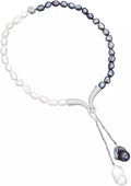 Freshwater Pearl Adjustable Bracelet, Black and White Dual-Tone, Silver Chain Tassels