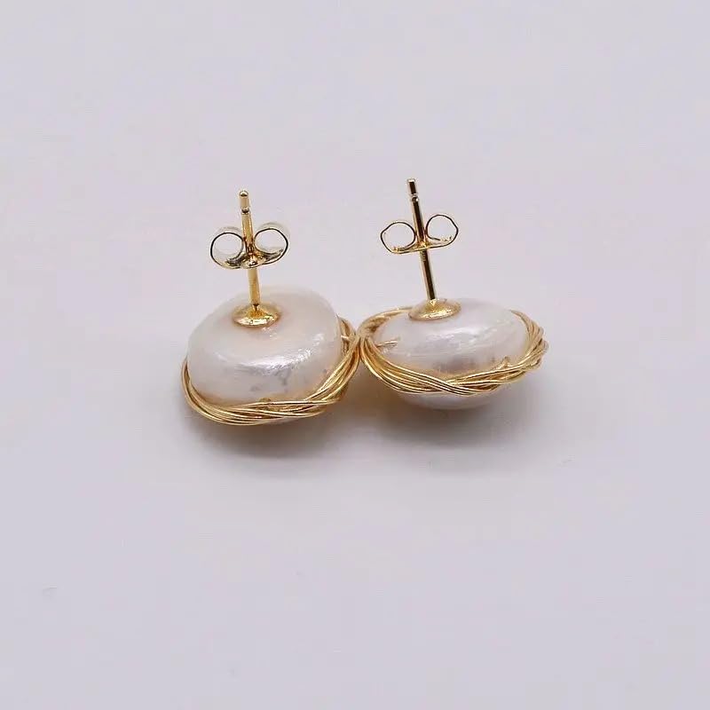White Natural Freshwater Pearls Genuine Baroque Handmade Stud Earrings