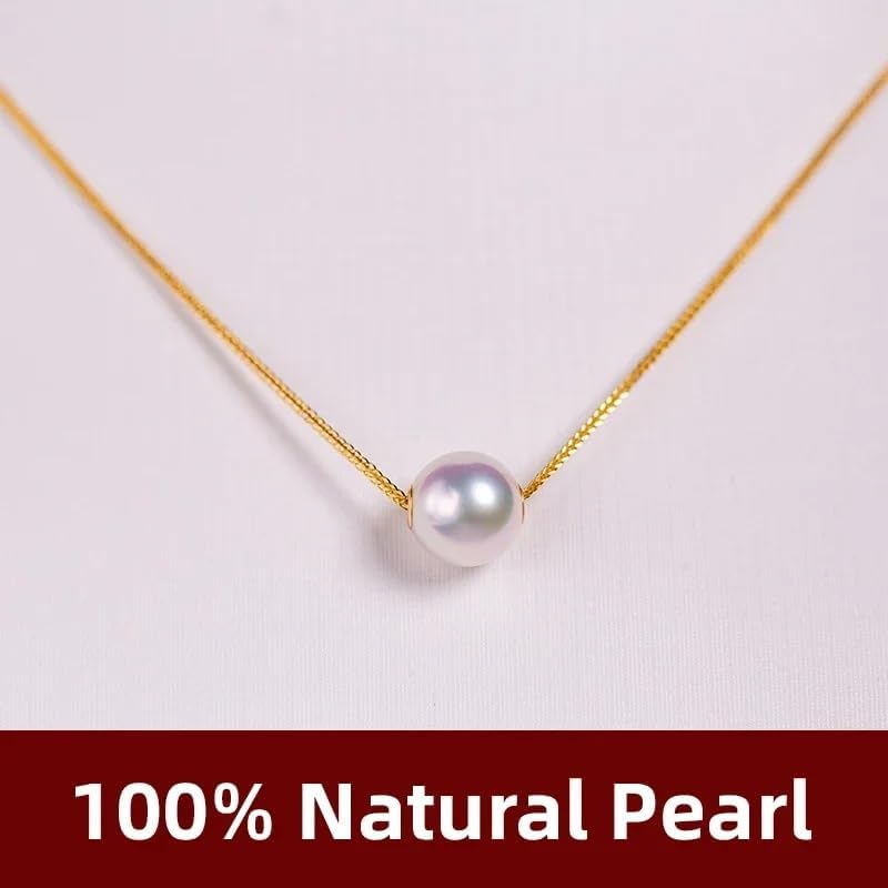 18K Gold Natural Freshwater Pearl Pendant Necklace, White Pink Purple Round Pearl