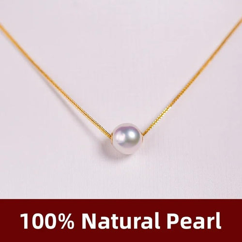 18K Gold Natural Freshwater Pearl Pendant Necklace, White Pink Purple Round Pearl