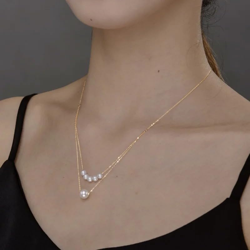 Natural White Round Akoya Pearl Real 18K Gold Necklace For Women