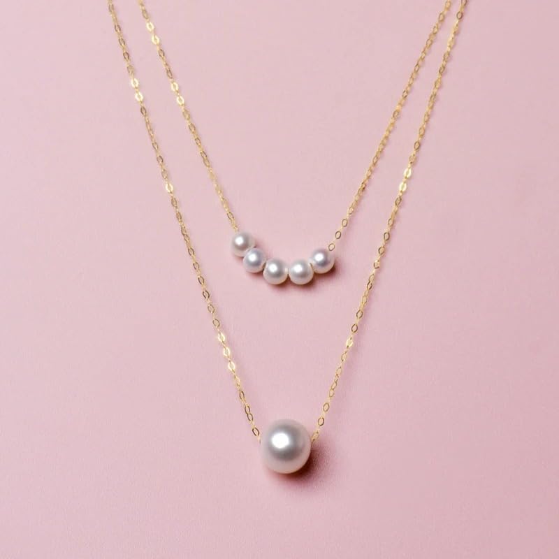 Natural White Round Akoya Pearl Real 18K Gold Necklace For Women