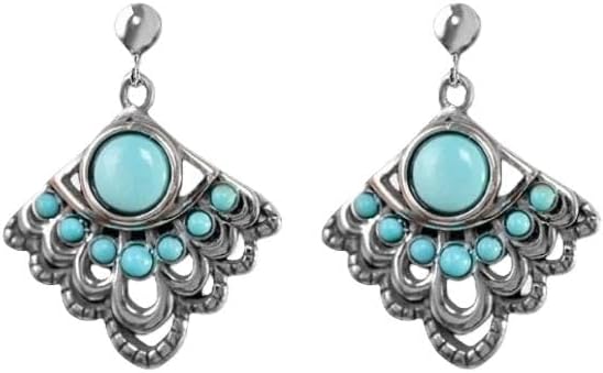 Vintage Style Turquoise Drop Earrings, 925 Sterling Silver, Peacock Tail Fan Design, Bohemian Dangle Statement Jewelry for Women