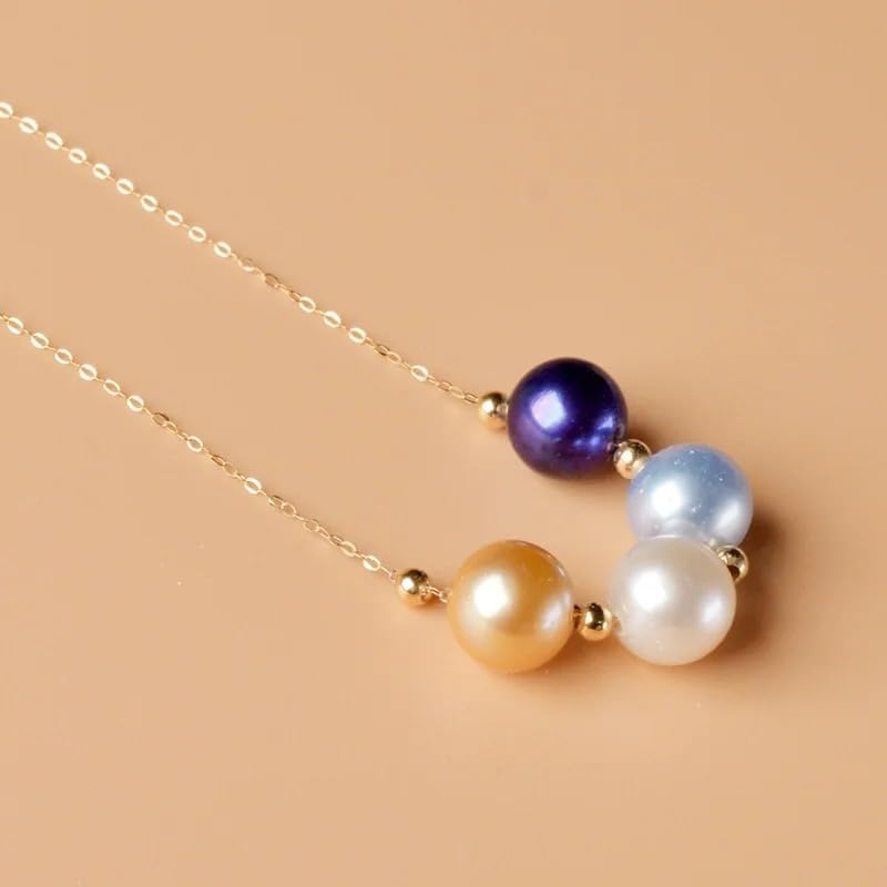 Natural Freshwater Pearl Pendant Necklace, 18K Yellow Gold Chain AU750, 7.5-8.5mm Multi-Color Pearls, Women's Wedding Jewelry