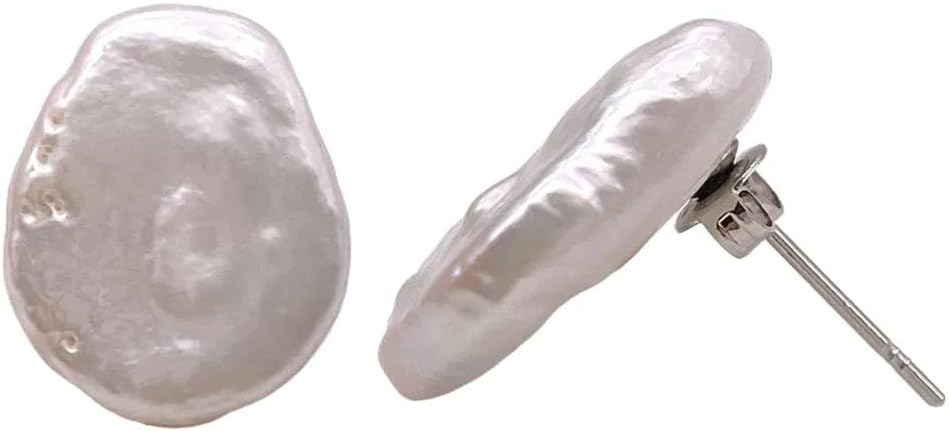 Natural Freshwater Baroque Pearl Stud Earrings, White Lustrous, Melon Seed Shape, Simple Tissue Nucleated Style