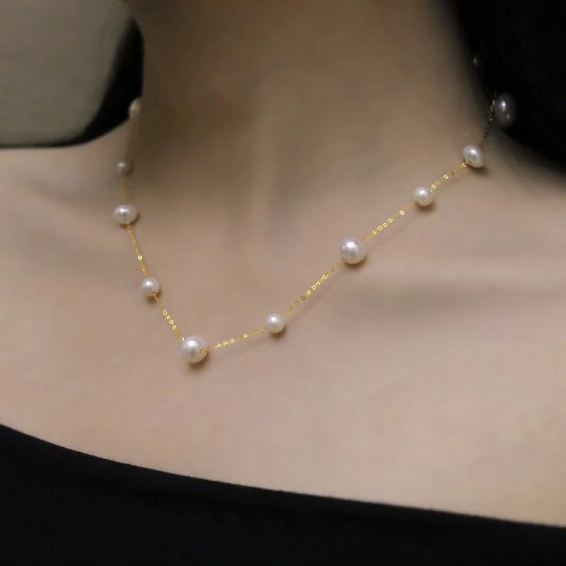 Pearl Jewelry Set for Women 18K Solid Gold Necklace and Bracelet