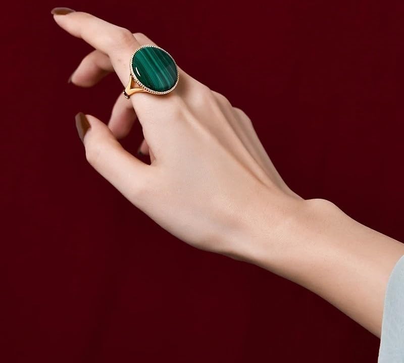 Vintage Malachite Ring, 925 Sterling Silver Gold Plated, Round Gemstone, Zircon Accent, Luxury Statement Ring for Women