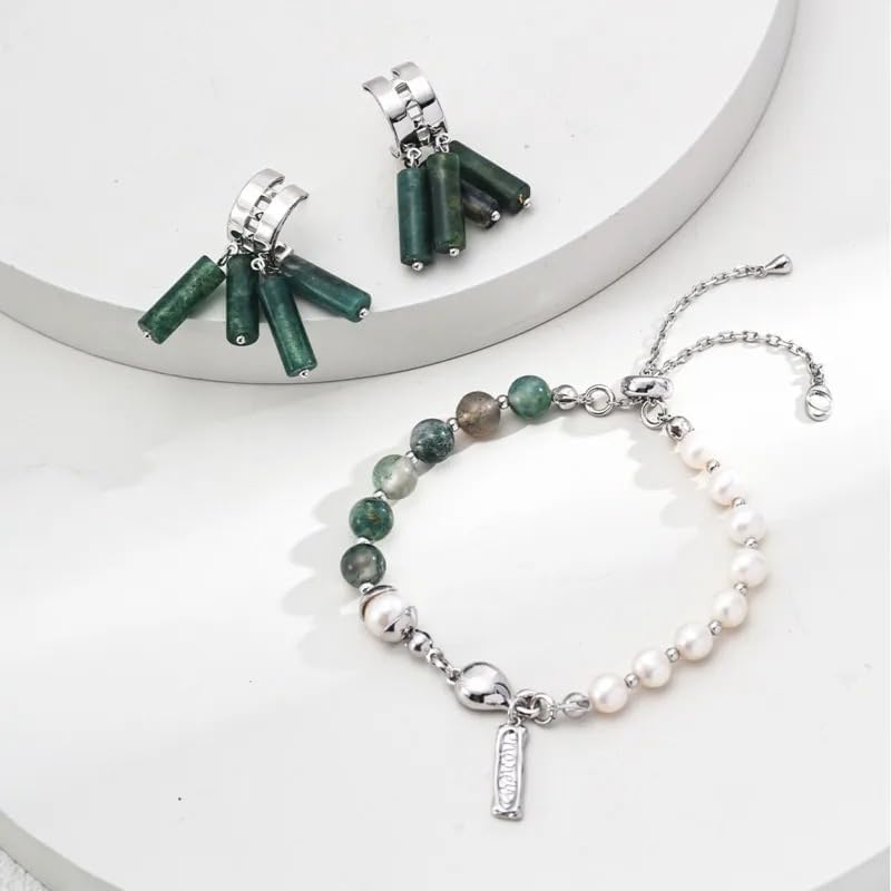 Pearl Moss Agate S925 Silver Beaded Charm Bracelet 24cm