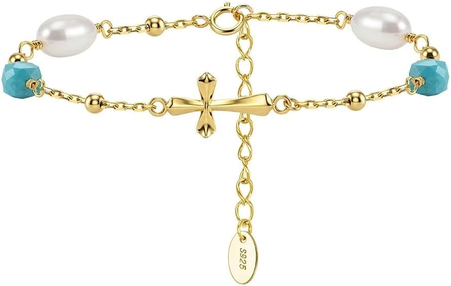 925 Silver Gold Plated Turquoise Pearl Chain Link Bracelet