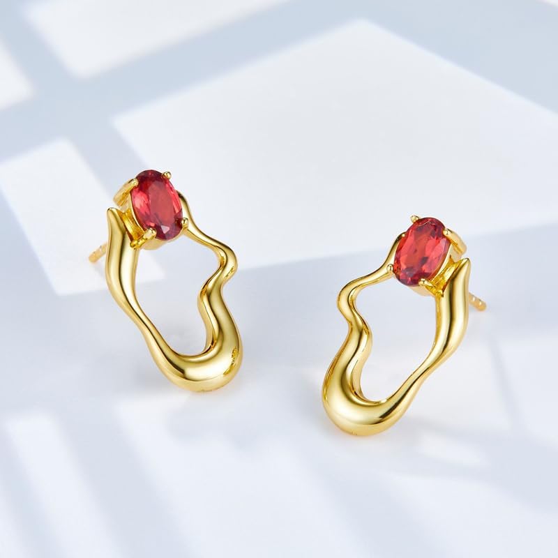 Natural Garnet S925 Silver Gold Plated Earrings For Women Irregular Geometric Unique Design Cute Chic Stud Earring