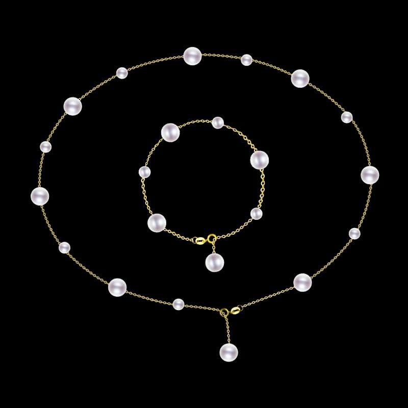 Pearl Jewelry Set for Women 18K Solid Gold Necklace and Bracelet