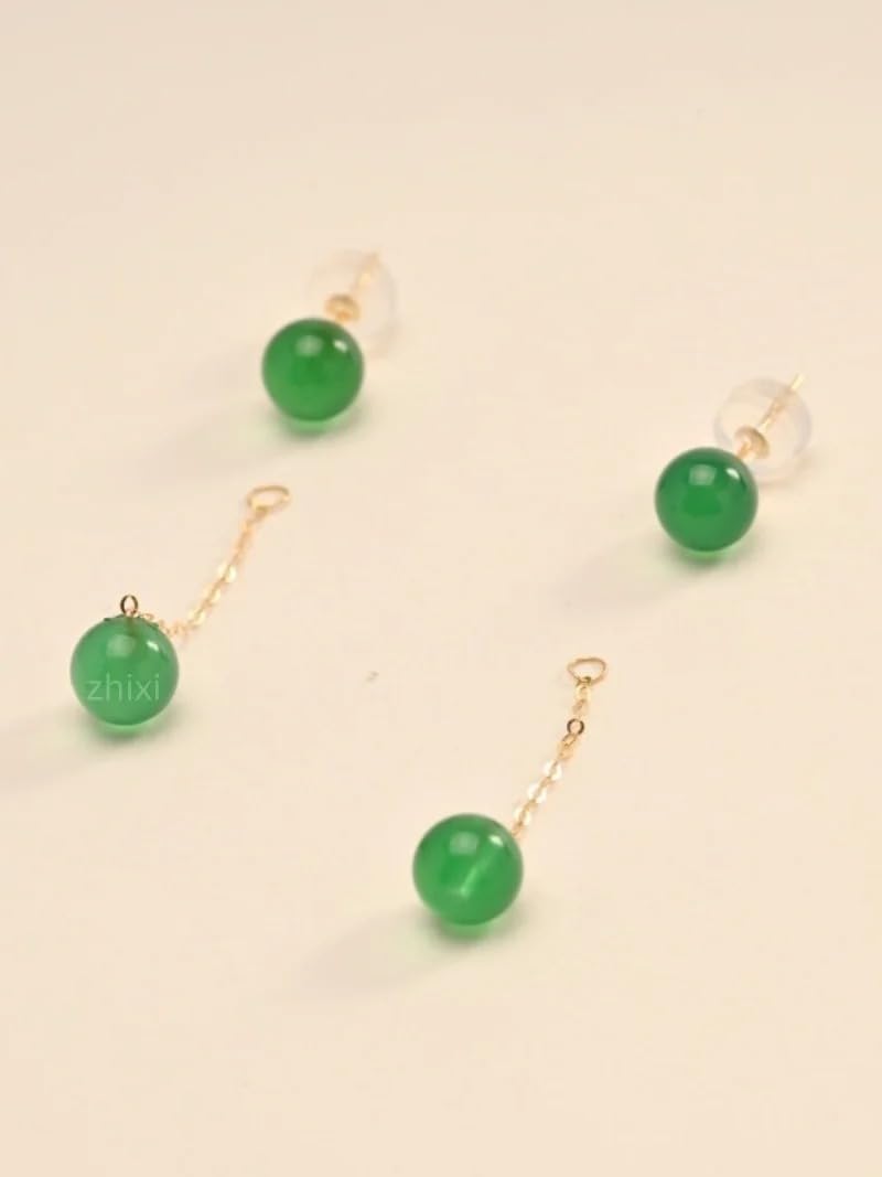 Zhixi 18K Yellow Gold Drop Earrings, Green Agate Round Beads, 5-6MM, Long Chain, Fashion Wedding Party Gift for Women