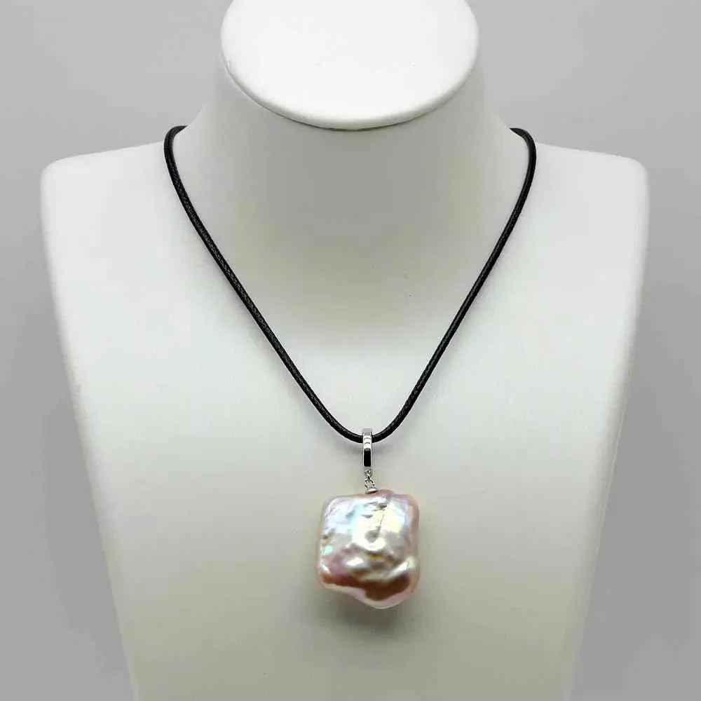 Natural Baroque Pearl Pendant Necklace, Freshwater Square Pearl, Sterling Silver 925, Purple Iridescent, Black Leather Cord