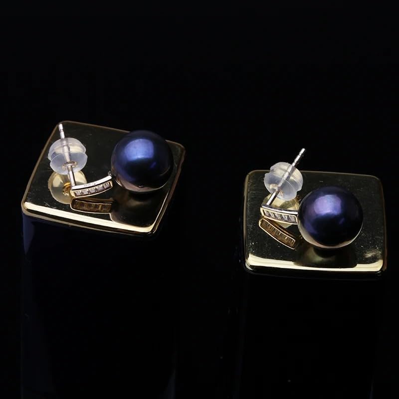 Tahitian Black Pearl Stud Earrings for Women, Real 14K Yellow Gold, Wedding Pearl Earrings