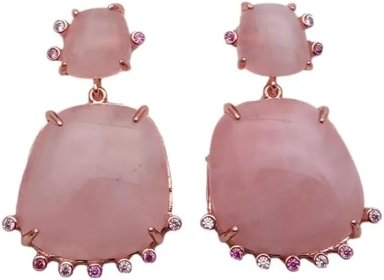 Elegant Rose Quartz Drop Earrings, Rose Gold Plated, Pink Crystal with CZ Accents, 23mm, Statement Jewelry