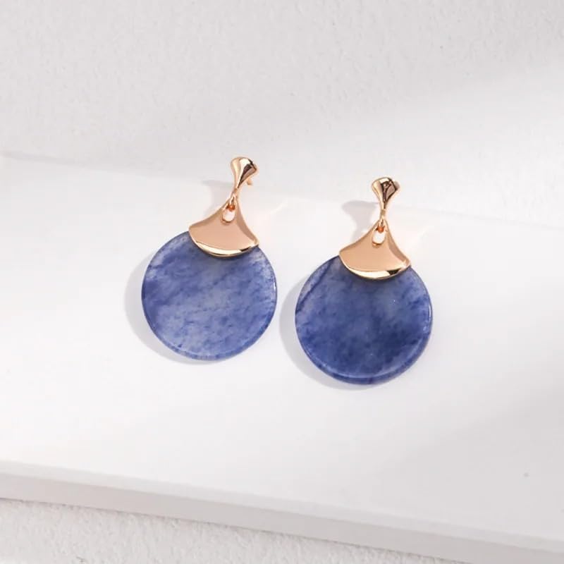 Round Blue Aventurine Stone 925 Silver Teardrop Dangle Earrings