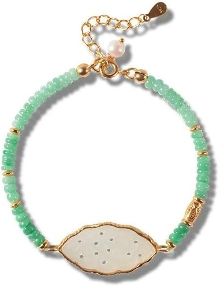Natural Hotan White Jade and Green Beaded Bracelet, Elegant Luxury Jewelry with Gold-Tone Accents