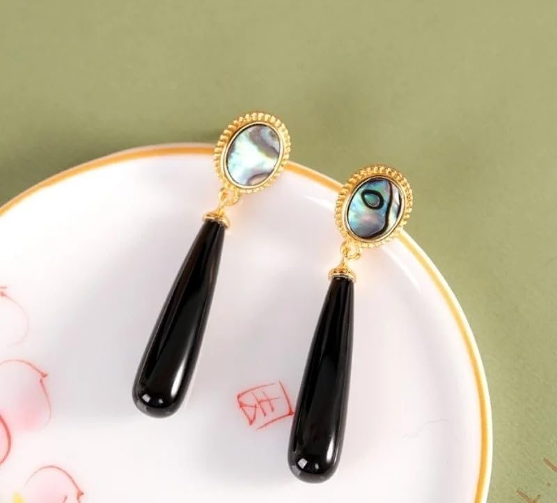 Vintage Gold Abalone Shell Drop Earrings, Oval Iridescent Stone with Black Onyx Teardrop Dangle, Statement Jewelry