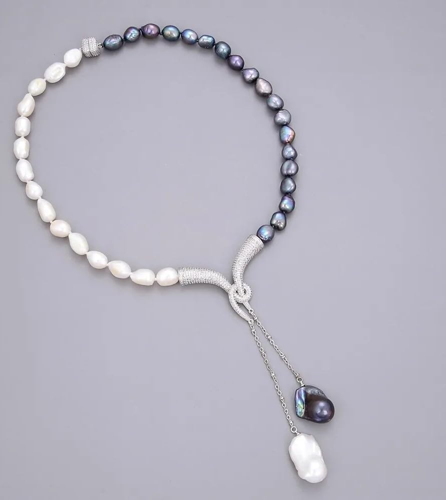 Freshwater Pearl Adjustable Bracelet, Black and White Dual-Tone, Silver Chain Tassels