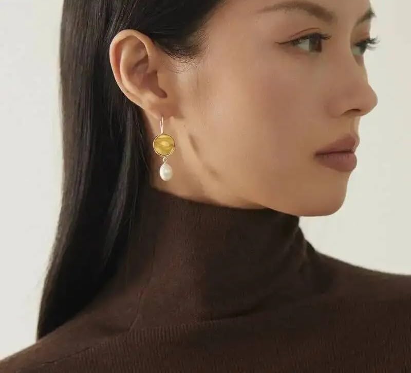 925 Silver Two Tone Natural Pearl Dangle Earrings with Buddha Statues